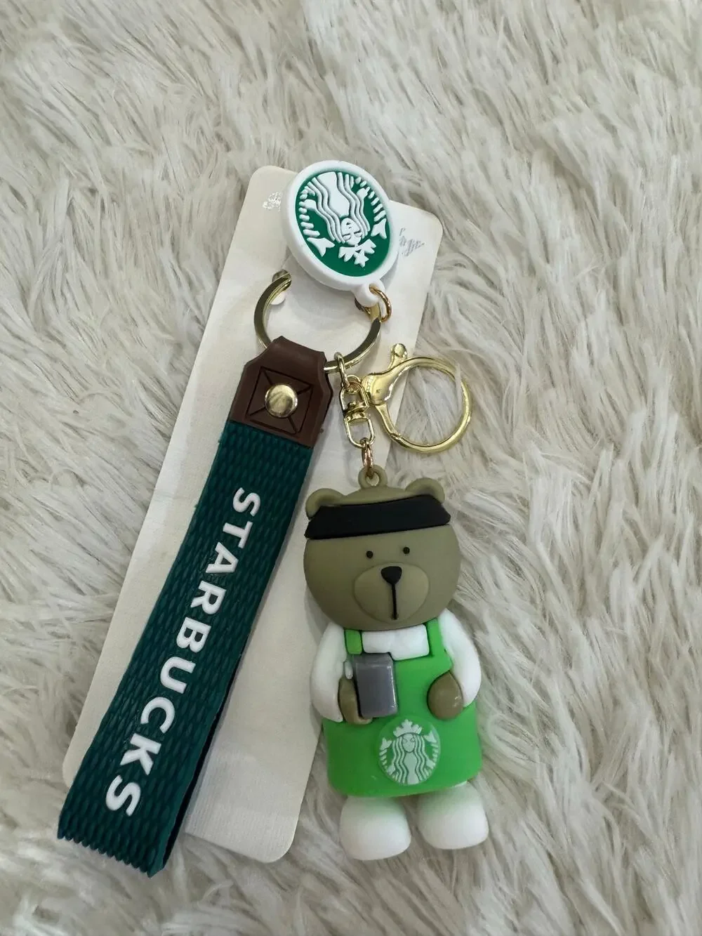 Starbucks Brown bear keychain strap green apron and white shirt